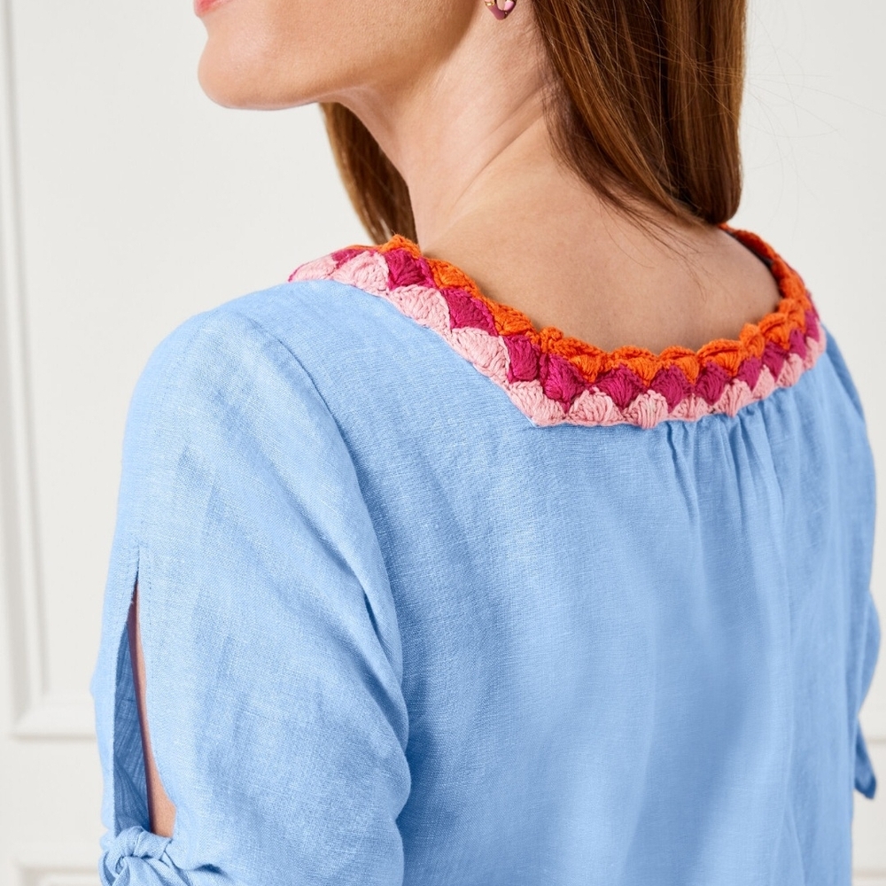 TALBOTS Boho Embroidered Linen Blue Blouse Small - Picture 4 of 12